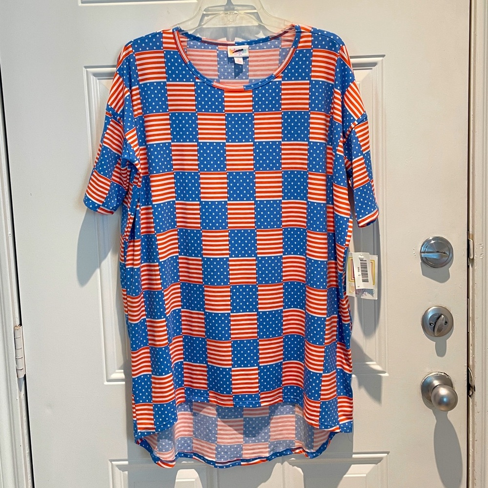 LuLaRoe Irma American Flag Red White Blue Stars Stripes Top Oversized Size Small